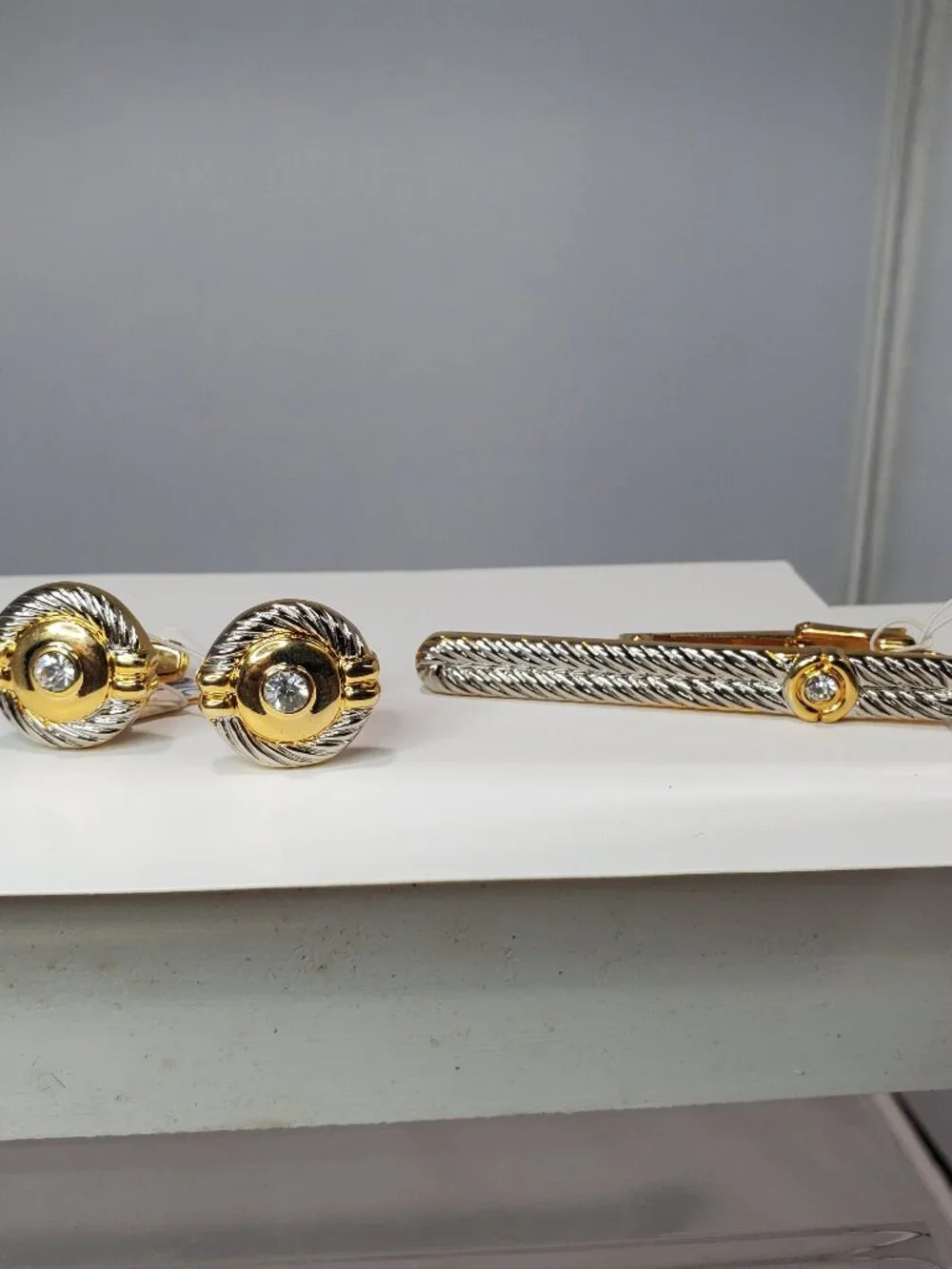 14K Gold-Plated Brass with Rhinestones Tie Clip & Cufflinks 3 Pc Set